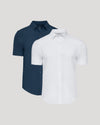 White & Navy Short Sleeve Performance Dress Shirt 2-Pack displayed on neutral background.