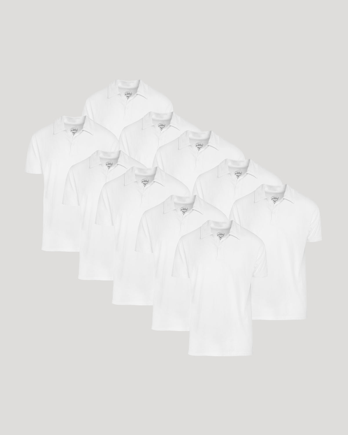 All White Classic Polo 10-Pack arranged on light gray background.