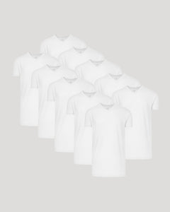 True ClassicWhite Classic Tall V-Neck 10-Pack, staggered display, short-sleeve, V-neck T-shirts.