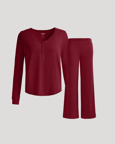 Dark Maroon Waffle Long Sleeve Henley & Waffle Leg Pant Set