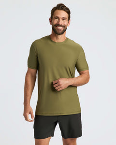 True ClassicMan in Military Green Active Crew Neck Tee and black shorts.