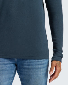 True ClassicNavy Waffle Long Sleeve Crew Neck with light-wash jeans.