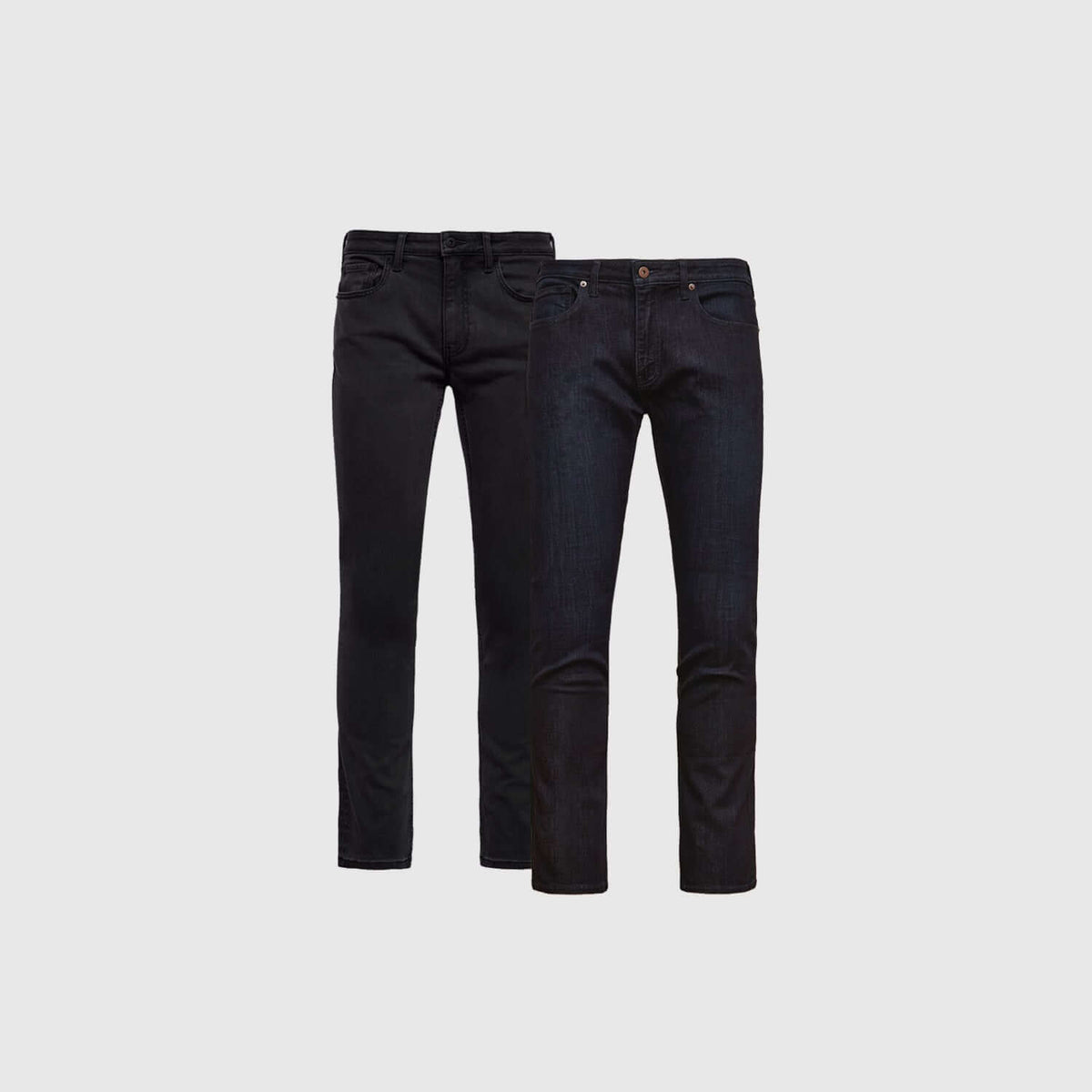 Slim Indigo & Black Comfort Stretch Jeans, side-by-side with five-pocket design.