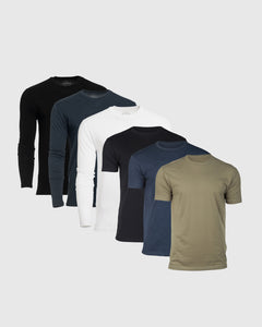 True ClassicCrew Core Sleeve Variety 6-Pack showcasing staggered crew-neck shirts lineup.