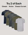 Set of men's t-shirts in various colors on a light gray background with text indicating different styles.