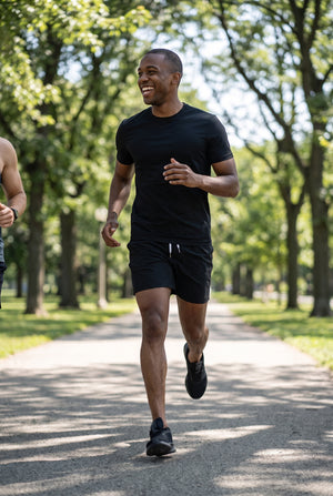 Man running outdoors in a black crew neck shirt and shorts, showcasing men's basics from Midnight Motion - Active Crew, Shorts, & Boxers