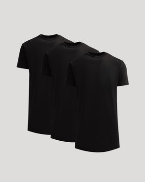 Three black True Classic Men's Tall Heavyweight Curved Hem Crew – Premium Heavyweight Cotton Blend, Extended Length, Athletic Fit, Structured Everyday T-Shirts displayed against a neutral background.