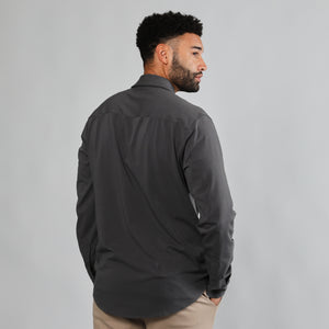 True ClassicMan wearing Carbon Long Sleeve Knit Shirt, highlighting fit and button details.