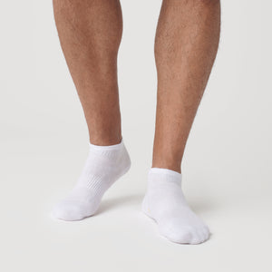 True ClassicWhite Ankle Socks 3-Pack on feet, showcasing seamless toe design.