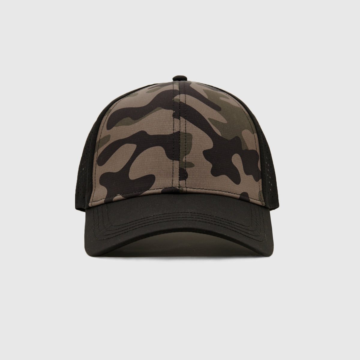 Olive Camo All Purpose Cap with black brim and mesh sides.