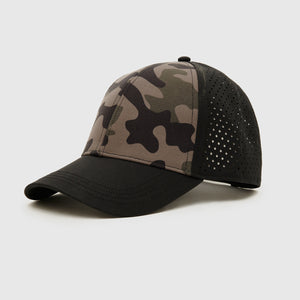 True ClassicOlive Camo All Purpose Cap with a black trucker-style design.