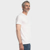 Man wearing White Pocket Crew Tee and blue jeans, standing in profile.