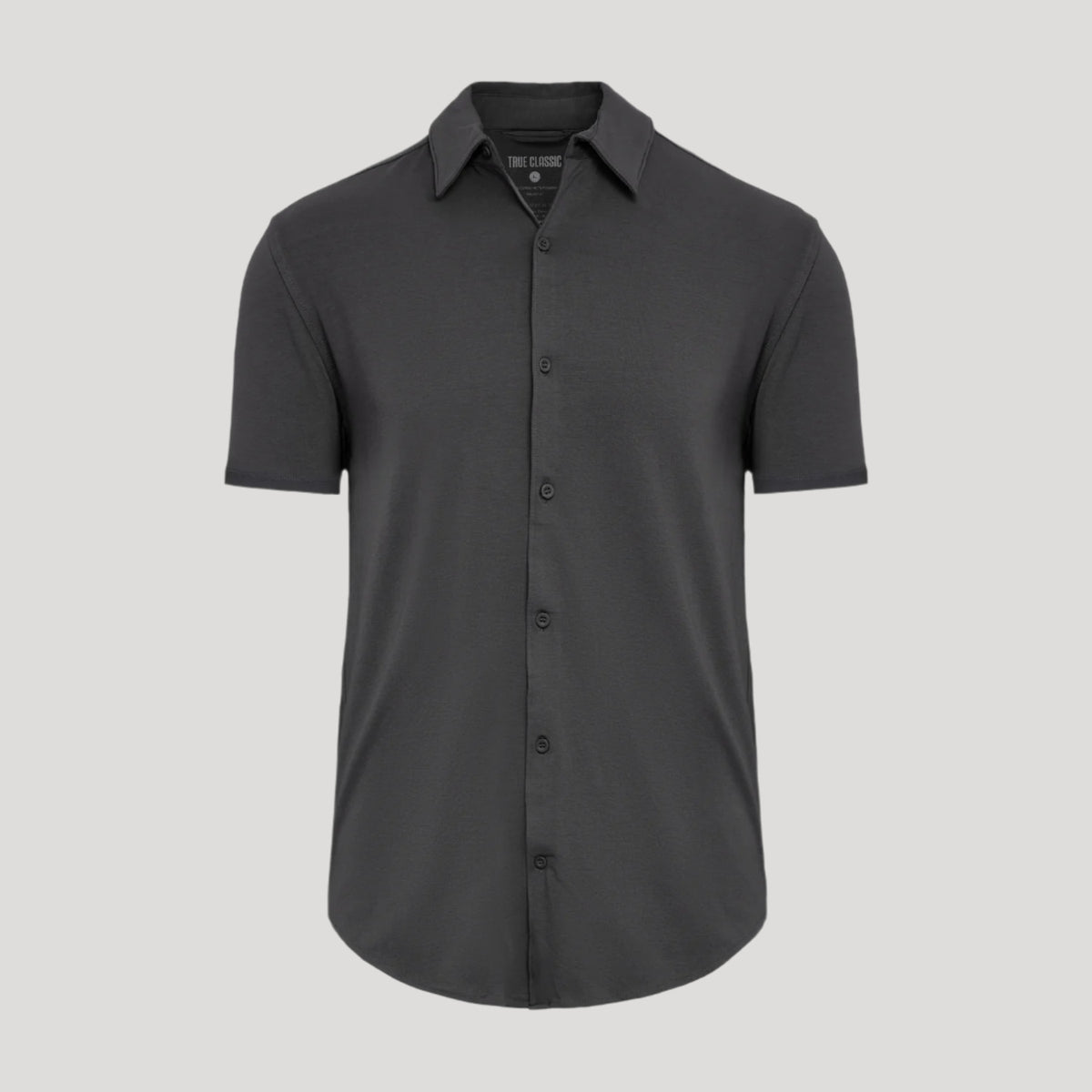 Carbon Short Sleeve Knit Shirt, charcoal-gray, button-down, classic collar, jersey-knit.