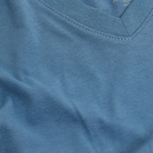True ClassicIndigo Classic V-Neck, close-up of soft knit collar.