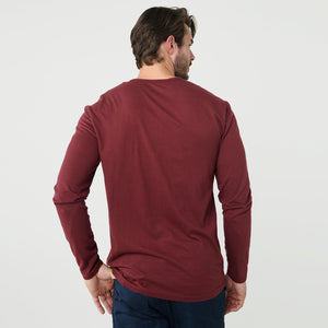 True ClassicMan wearing Burgundy Classic Long Sleeve Henley, shown from behind.