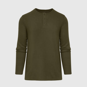 True ClassicMilitary Green Waffle Long Sleeve Henley, waffle-knit texture, three-button placket.