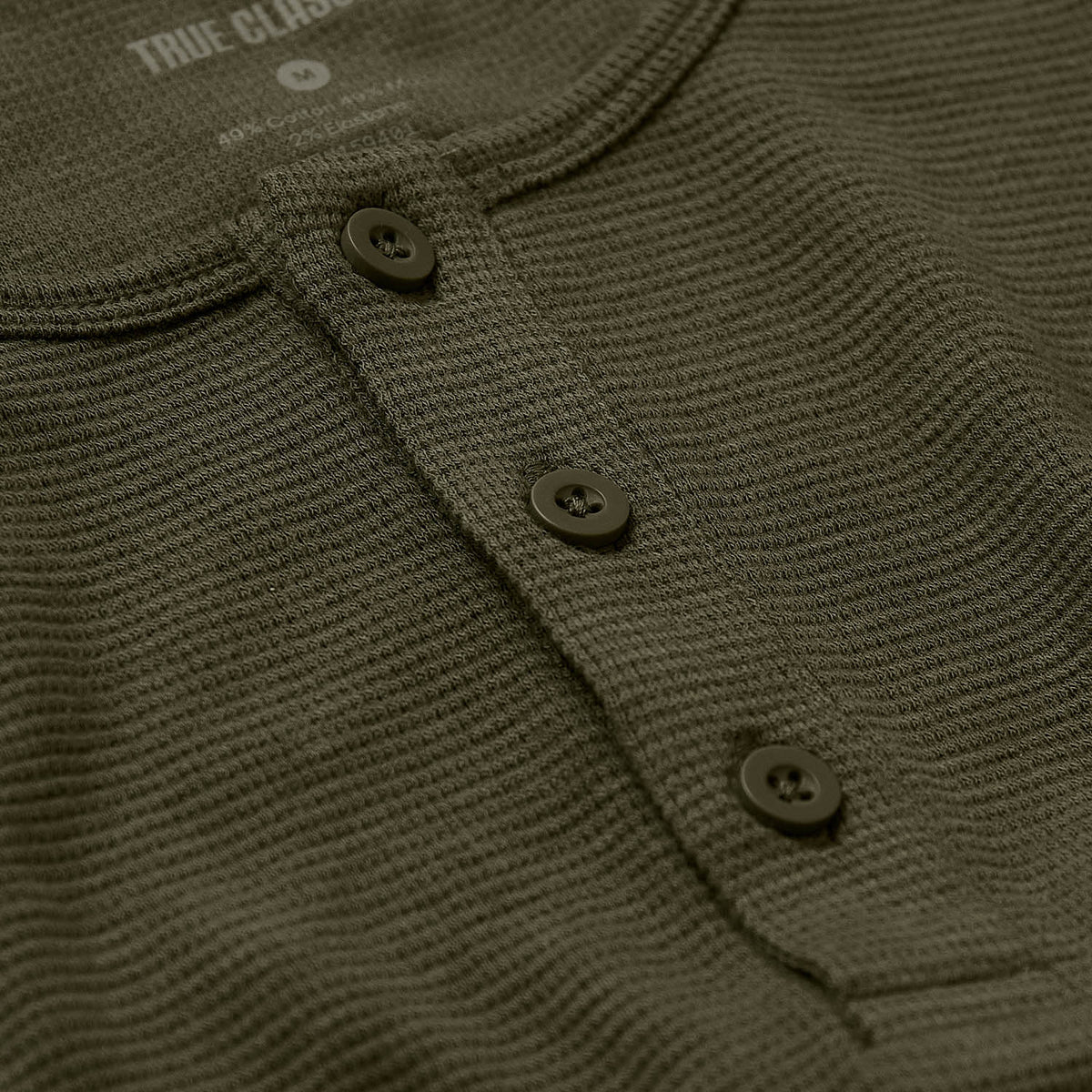 Military Green Waffle Long Sleeve Henley with three-button placket detail.