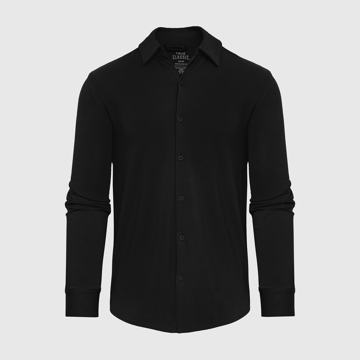 Black Long Sleeve Knit Shirt with button-down collar, laid flat.