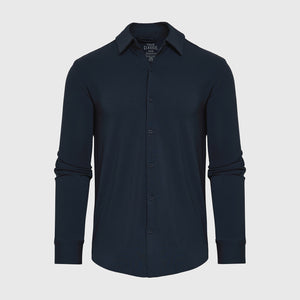 True ClassicNavy Long Sleeve Knit Shirt, front view, with button-down design.