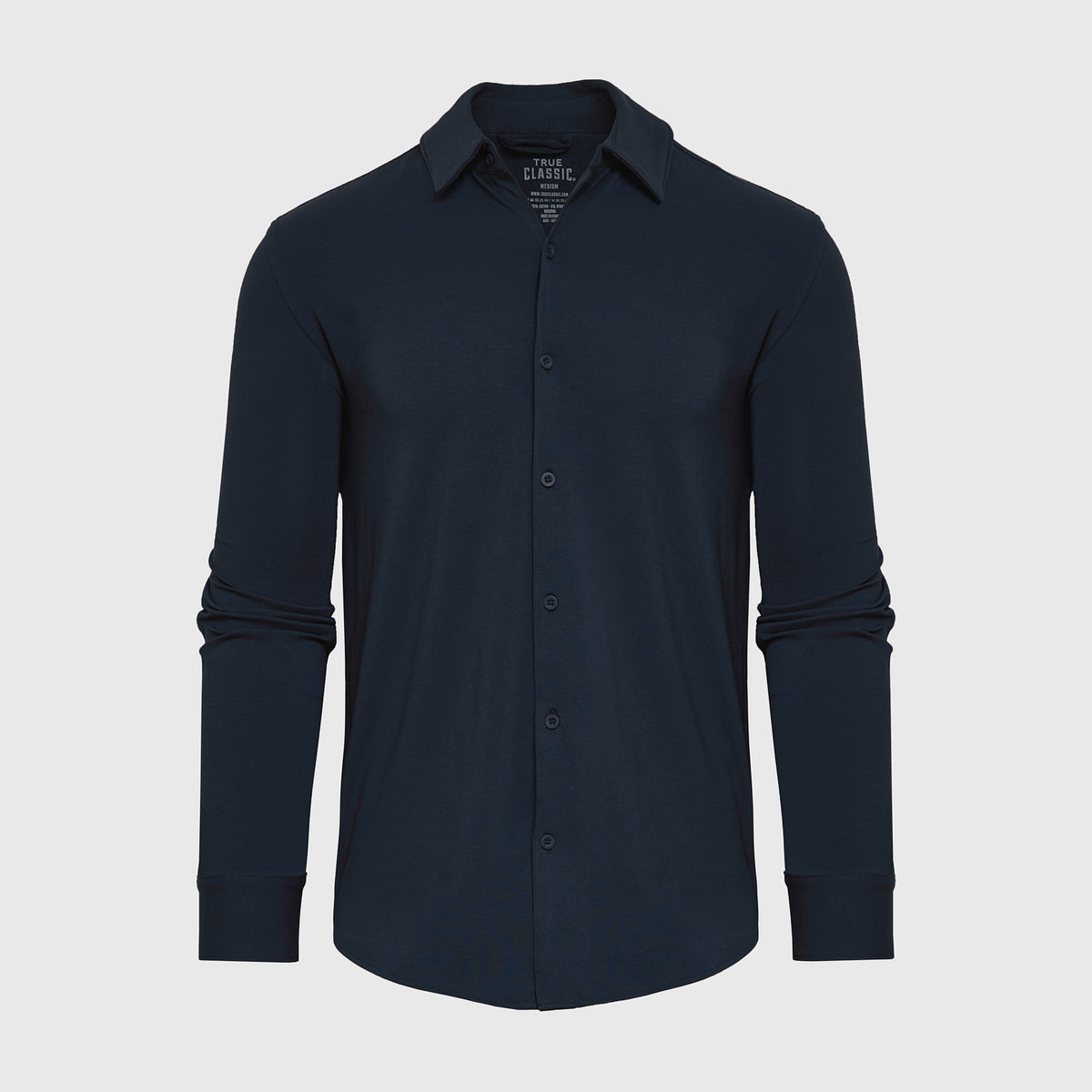 Navy Long Sleeve Knit Shirt, front view, with button-down design.