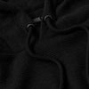 Black Waffle Hoodie close-up, showing textured fabric and drawcord details.