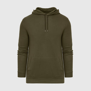 True ClassicMilitary Green Waffle Hoodie with kangaroo pocket and drawstring hood.