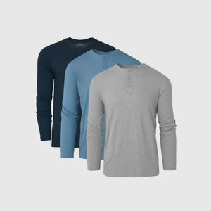 True ClassicBlues Long Sleeve Henley 3-Pack: light gray, muted blue, dark navy.