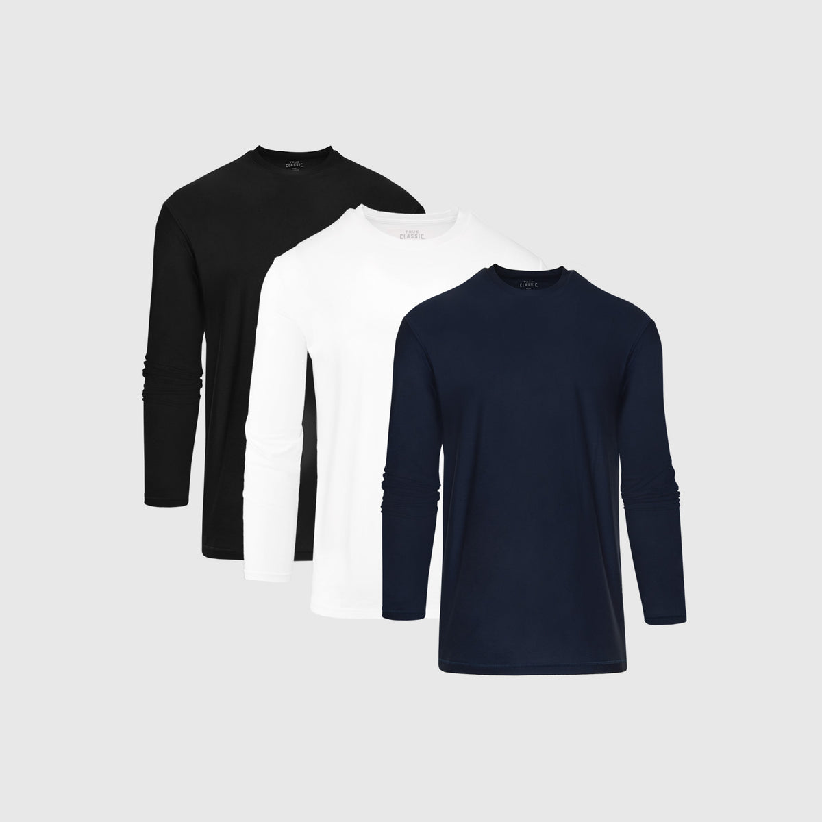 Standard Active Long Sleeve Crew T-Shirt 3-Pack displayed: black, white, navy.